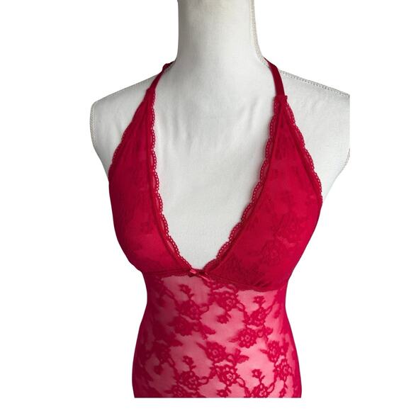 Victoria Secret Red Lace Halter Chemise Slip Dress Women’s Small Sheer Lingerie - Picture 3 of 7